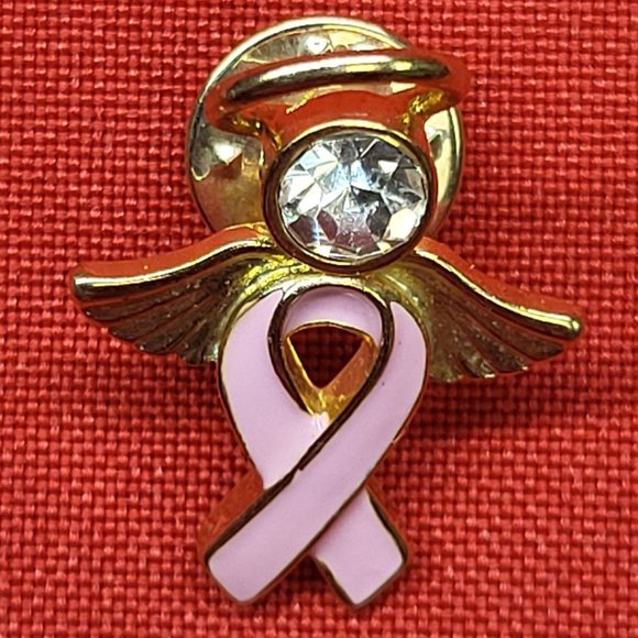 Breast Cancer Awareness Pink Ribbon Lapel Pin Angel Wings Clear Crystal - Picture 1 of 12